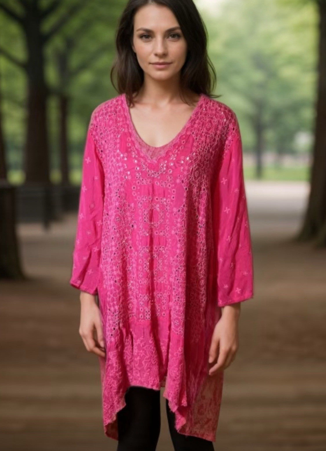 JOHNNY WAS XXL Hot Pink Tunic Top Eyelet Lace Blouse BOHO Shirt Lightweight Cool Johnny Was