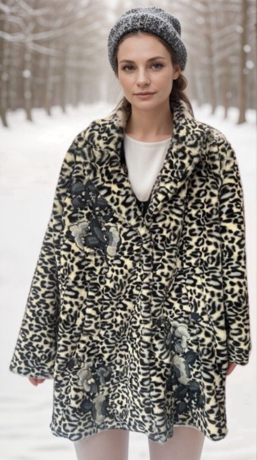 Johnny Was S Soft Blue & White Leopard Faux Fur Coat Jacket Wrap Silk Lining