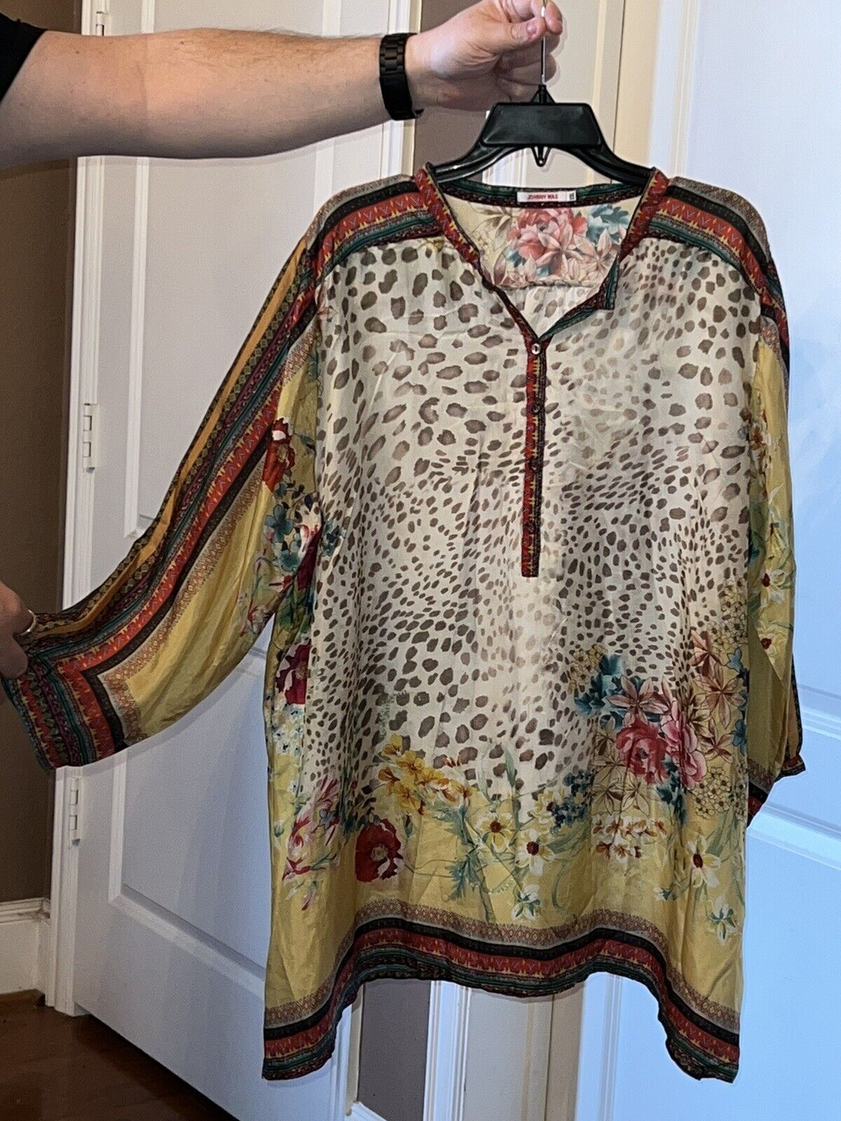 100% Silk Johnny Was Tunic Top XXL 2X Soft & Flowy Leopard & Flower