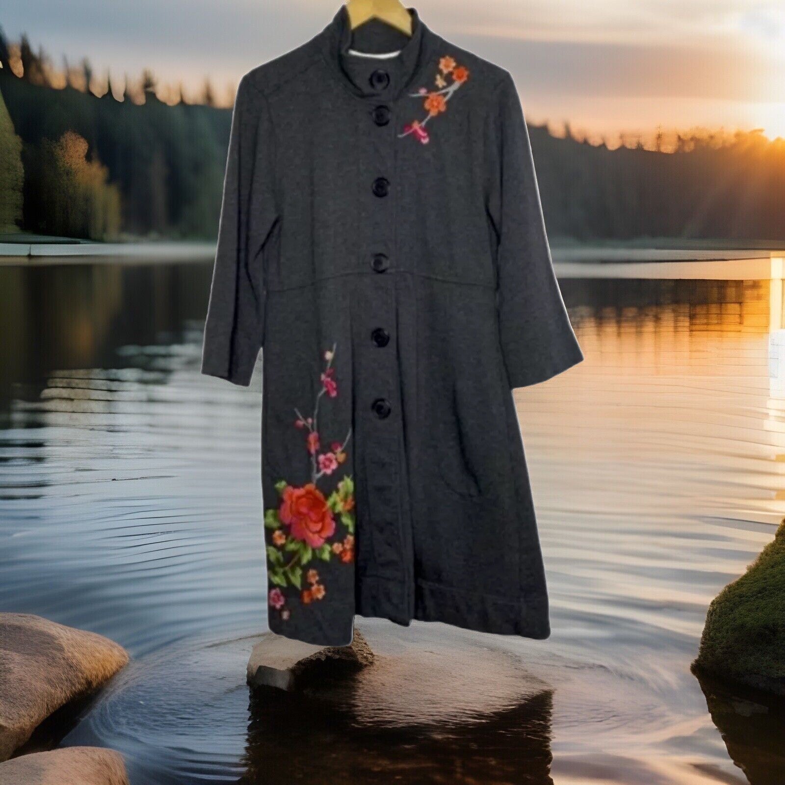 Johnny Was 1X Charcoal Military Style Coat Jacket Wrap Embroidered Soft & Warm Johnny Was