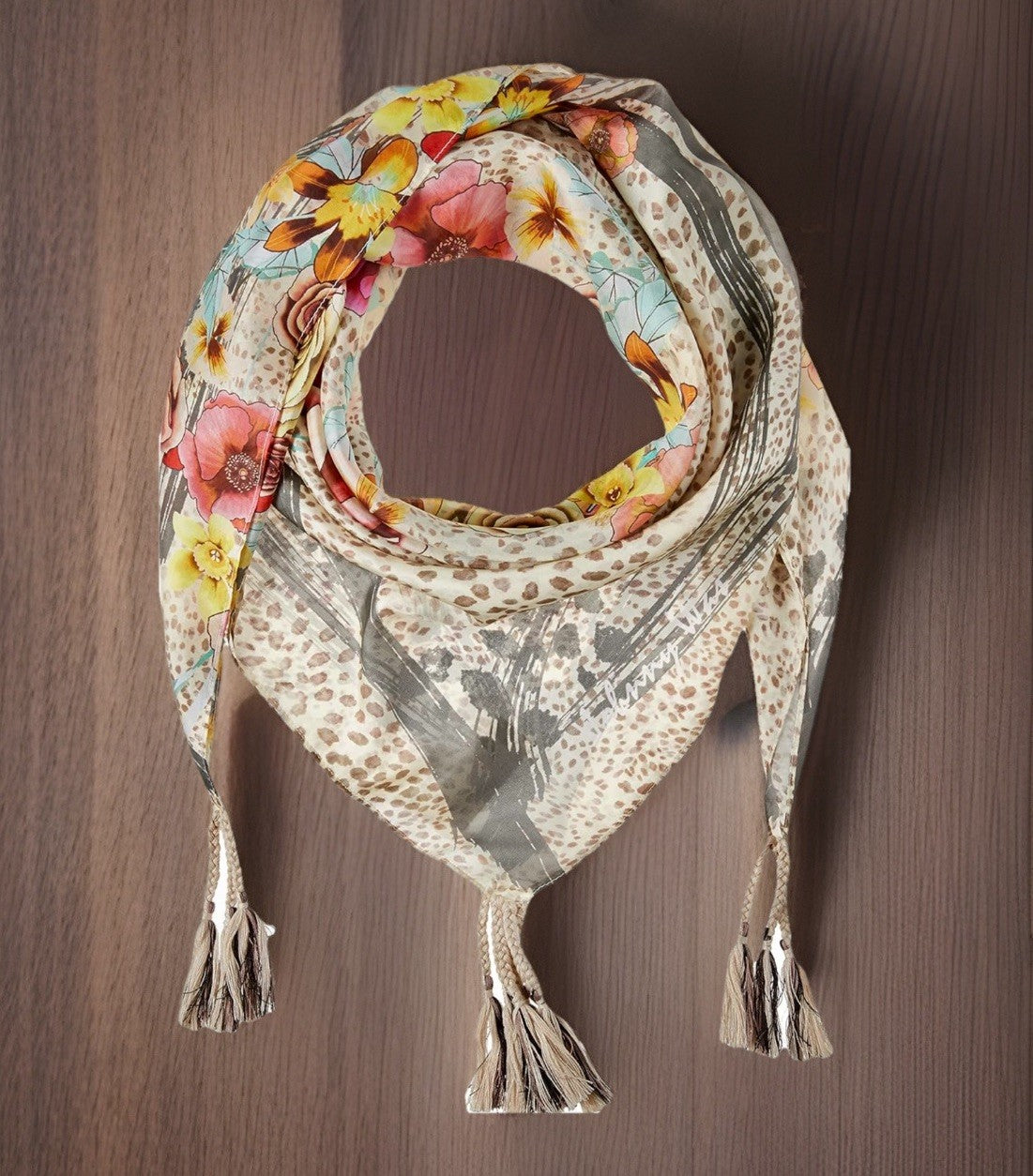 Johnny Was 100% Silk Scarf w/ Tassels Animal Print & Roses Leopard Jungle Rose Johnny Was