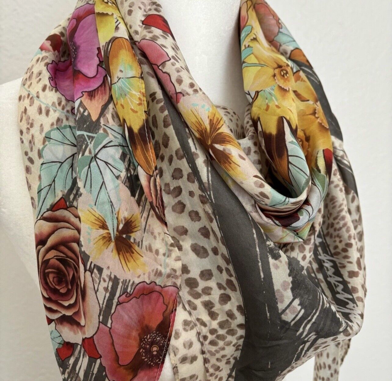 Johnny Was 100% Silk Scarf Tassels Animal & Floral Print 44” X 44” Tags Removed