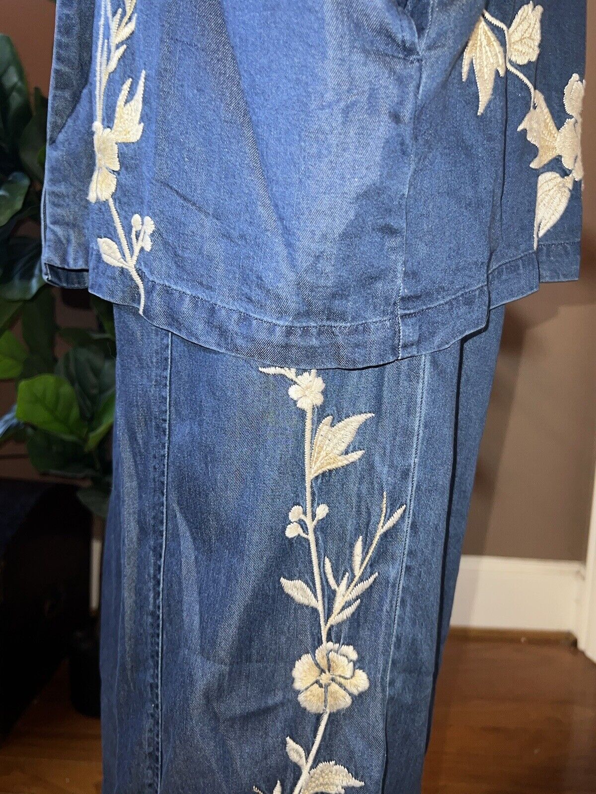 Johnny Was 2pc Set Denim XL Kimono & L Wide Leg Pants Embroidered Crane RARE