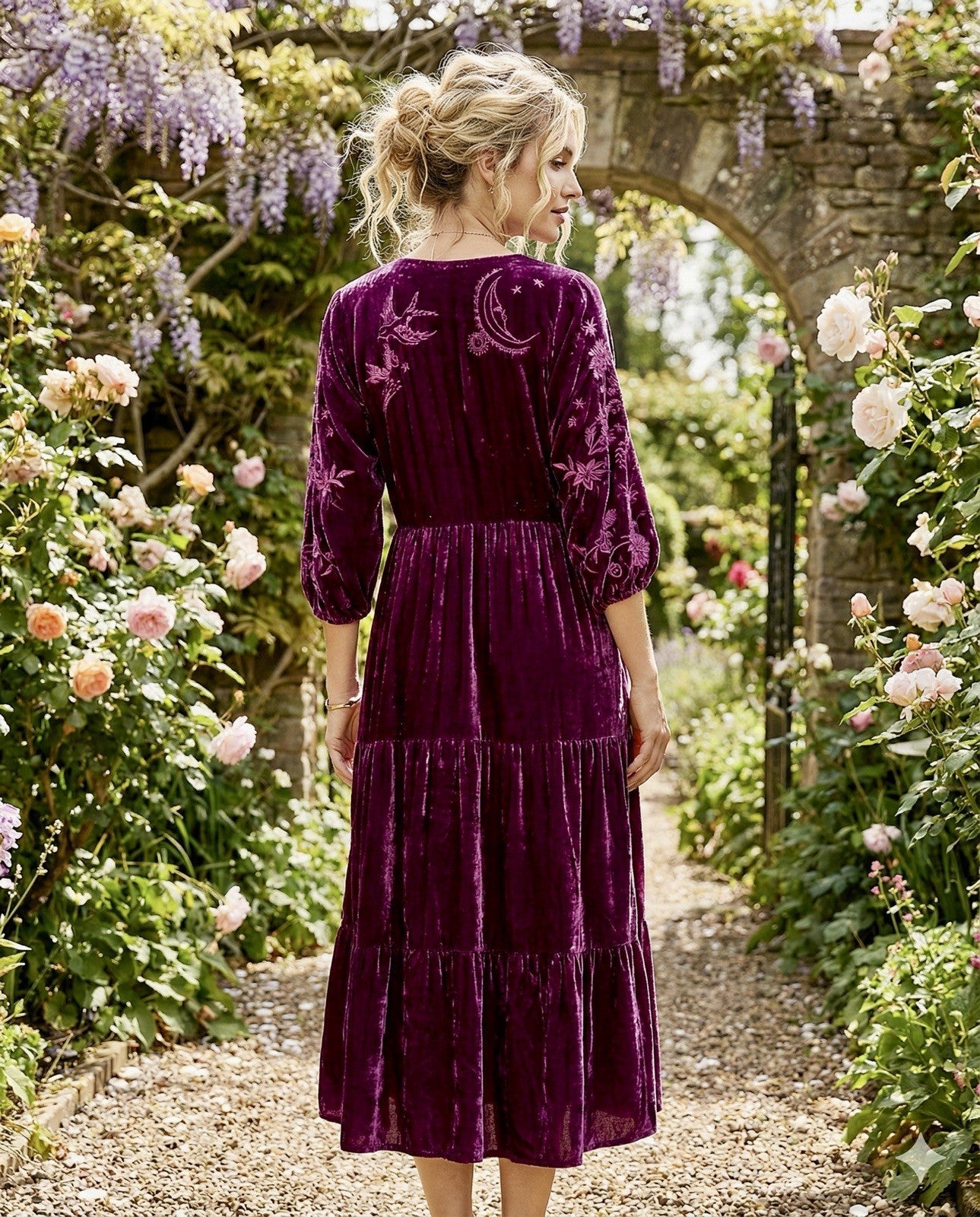 JOHNNY WAS XL Eggplant Velvet Midi Dress Tiered Embroidered Maxi $490 Retail Johnny Was