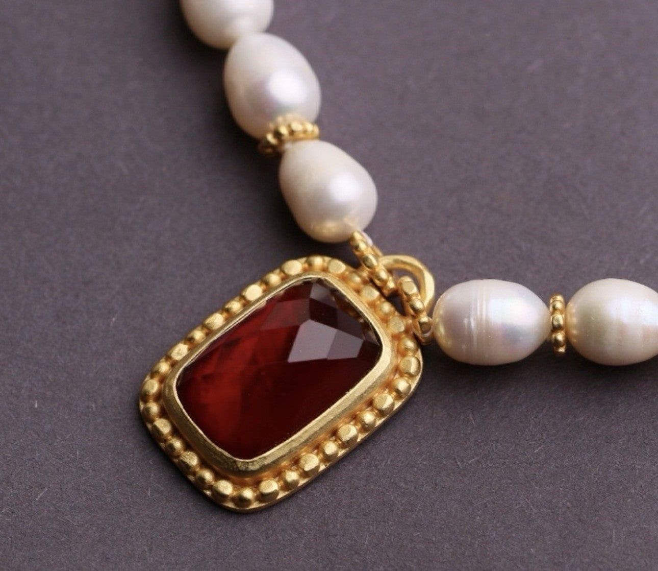 Julie Vos Freshwater Pearl & Ruby Red 24k Gold Plate Statement Necklace WOW! Julie Vos