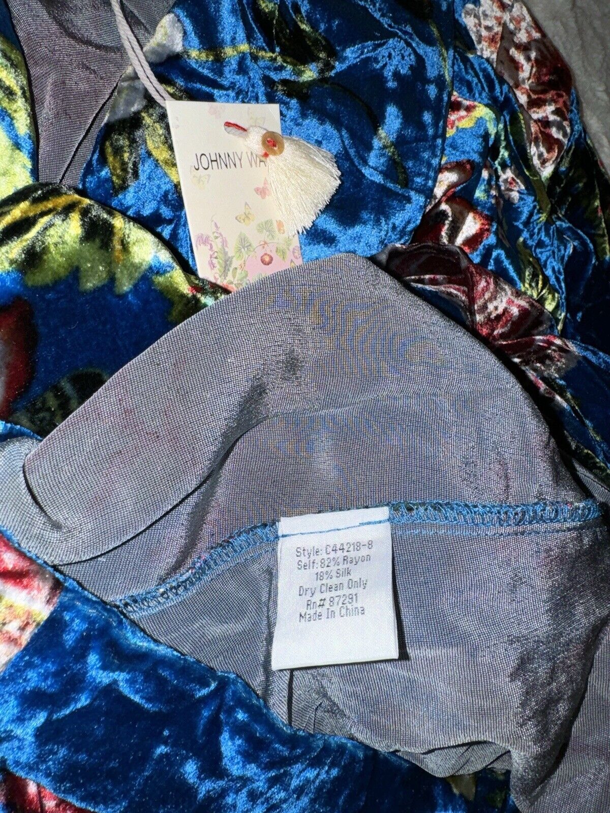 Johnny Was XL Blue Floral Velvet Kimono Wrap Jacket Duster Gorgeous Colors