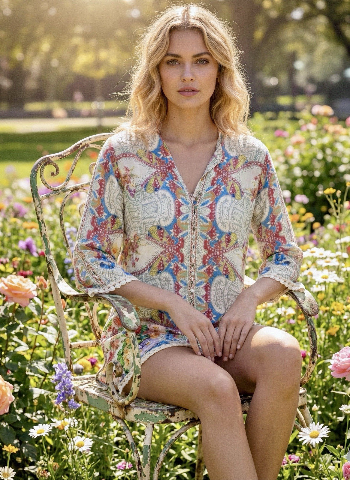 Johnny Was L Large 100% Silk Blouse Tunic Top Shirt Lace Hem Button Up Johnny Was