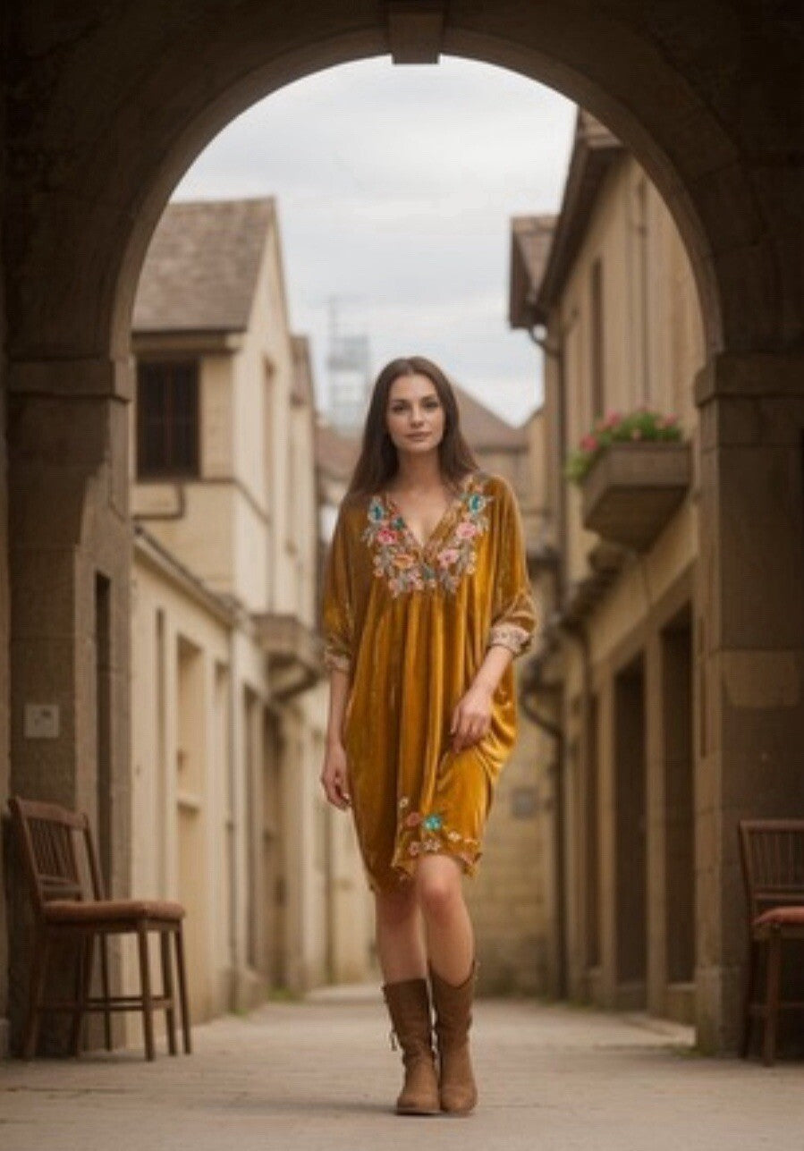 Johnny Was L Golden Velvet Embroidered Mini Dress Tunic Shift Top Babydoll LUXE Johnny Was