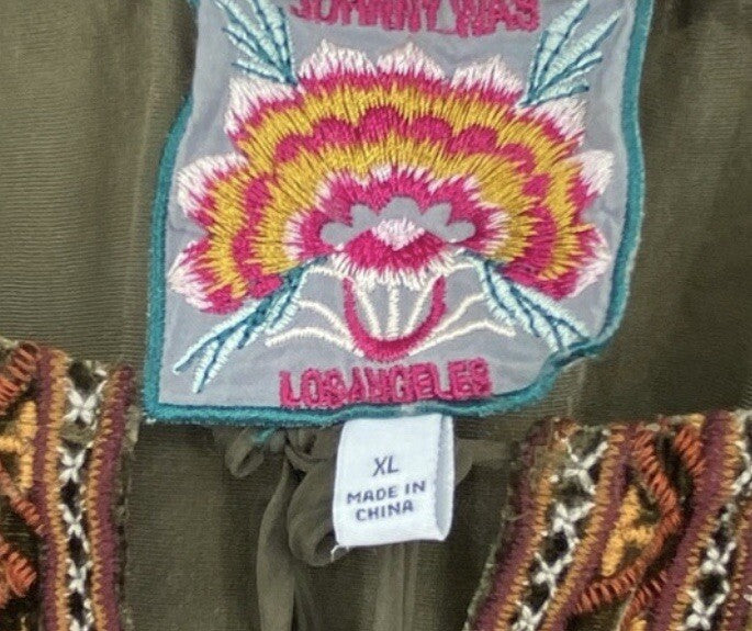 Johnny Was XL Olive Brown Velvet Peasant Blouse Embroidered Tunic Top Mini Dress Johnny Was