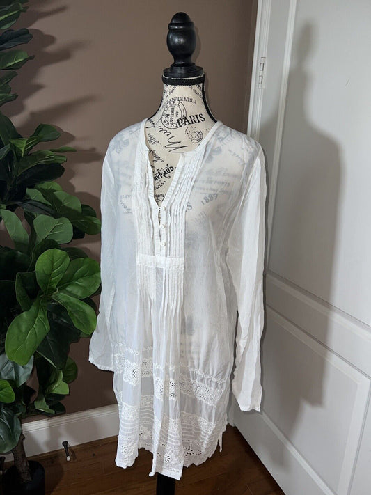 Johnny Was White Embroidered Silky Tunic Top Mini Dress M Medium Vintage Classic