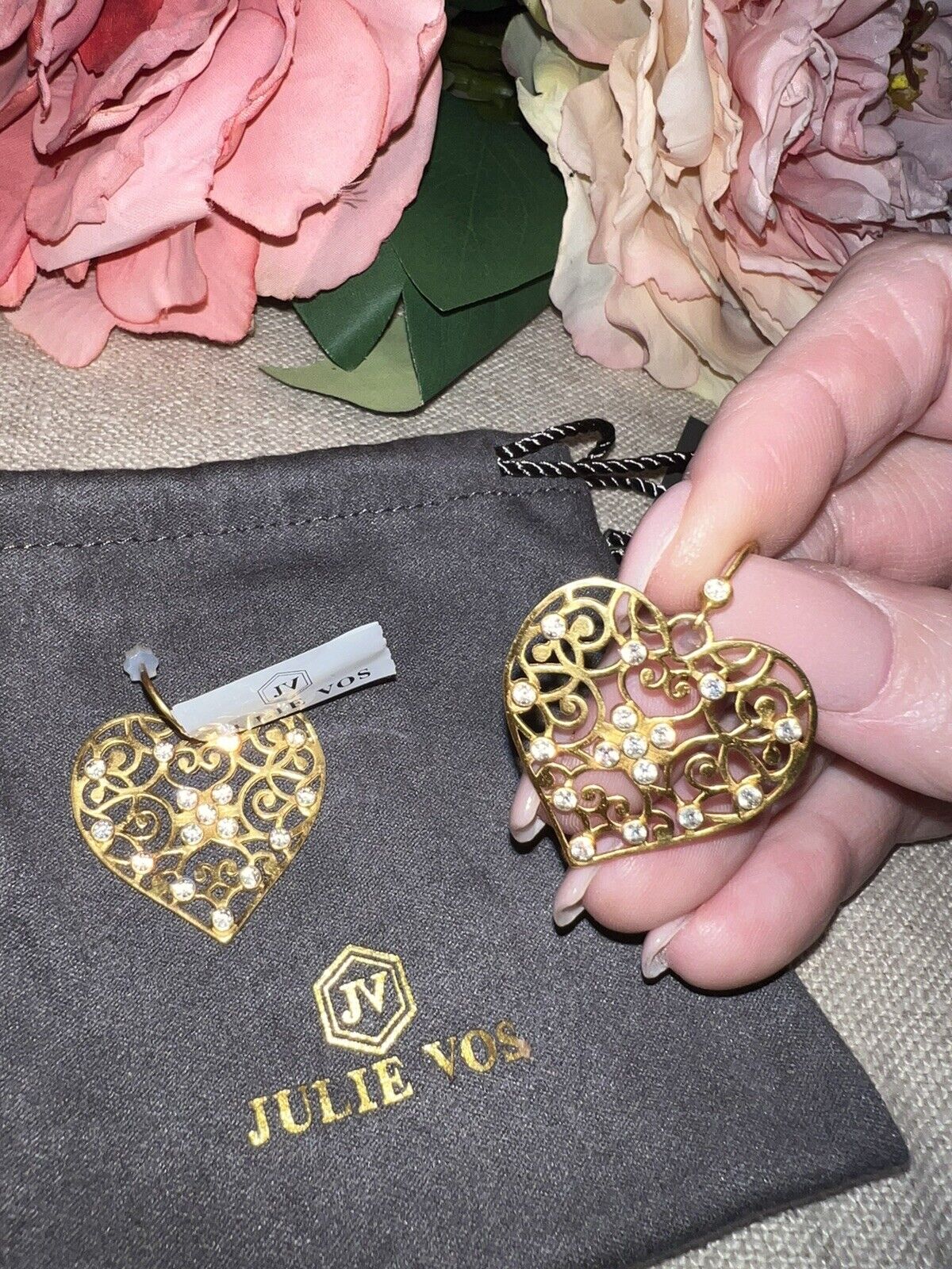 Julie Vos Heart Earrings CZ Embellished 24k Gold Plated Luxe statement