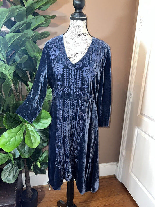 Johnny Was Blue Velvet Heavily Embroidered Mini Dress Long Sleeve Sz L Large