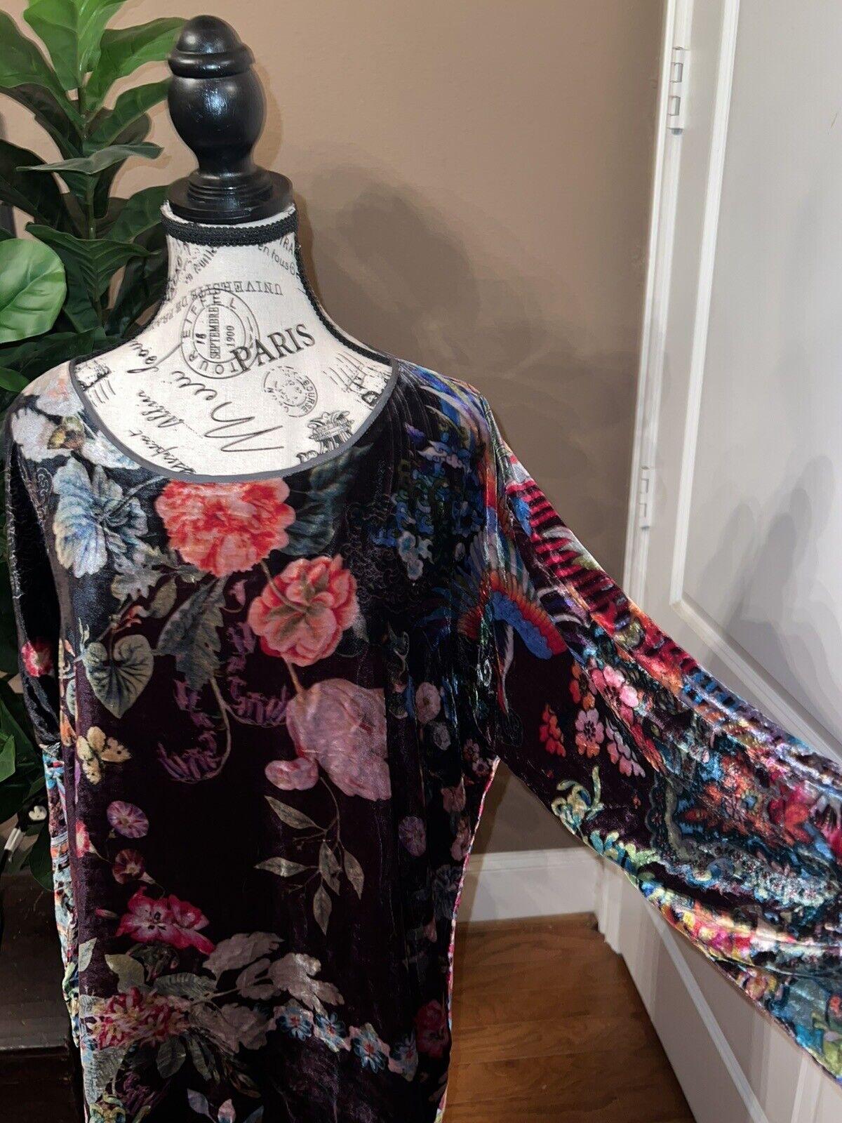 Johnny Was Floral Velvet Tunic Top Mini Dress Long Sleeve Sz XL Kimono Wrap