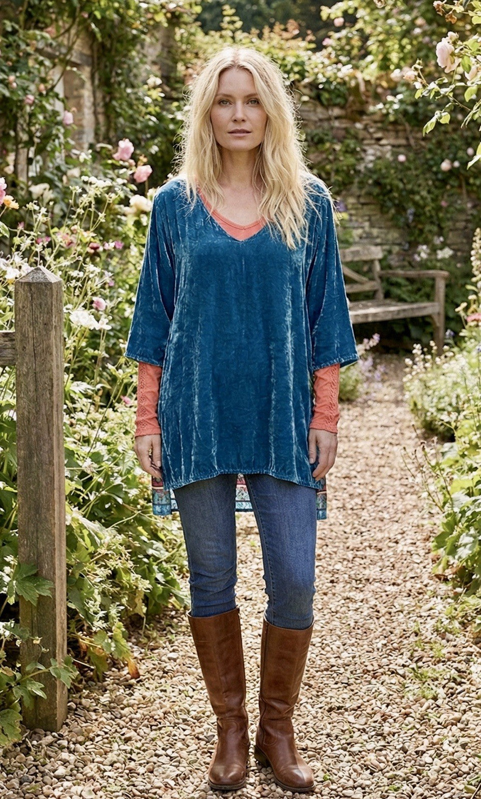 2 pc Johnny Was Large Teal Blue Velvet & Silk Tunic Top FREE Matching Undershirt Johnny Was