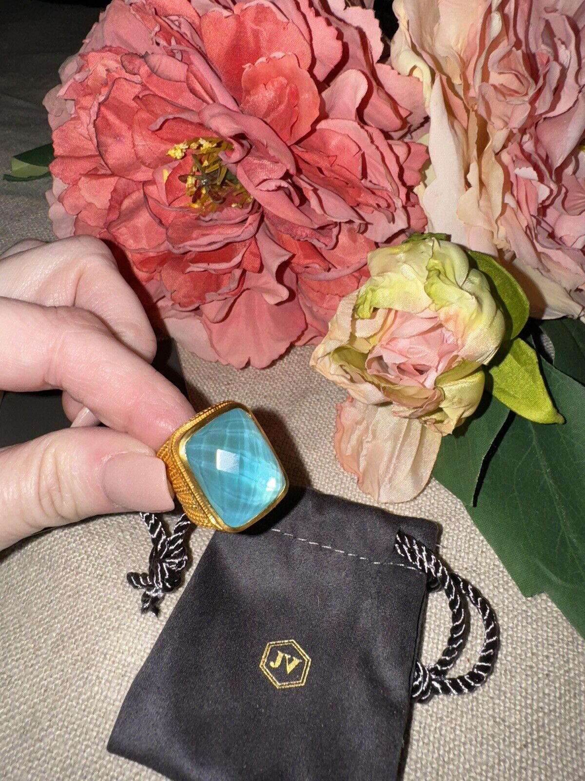 NEW Julie Vos Ring Iridescent Bahamian Blue & 24k Gold Plate Sz 7 ADJUSTABLE NWT