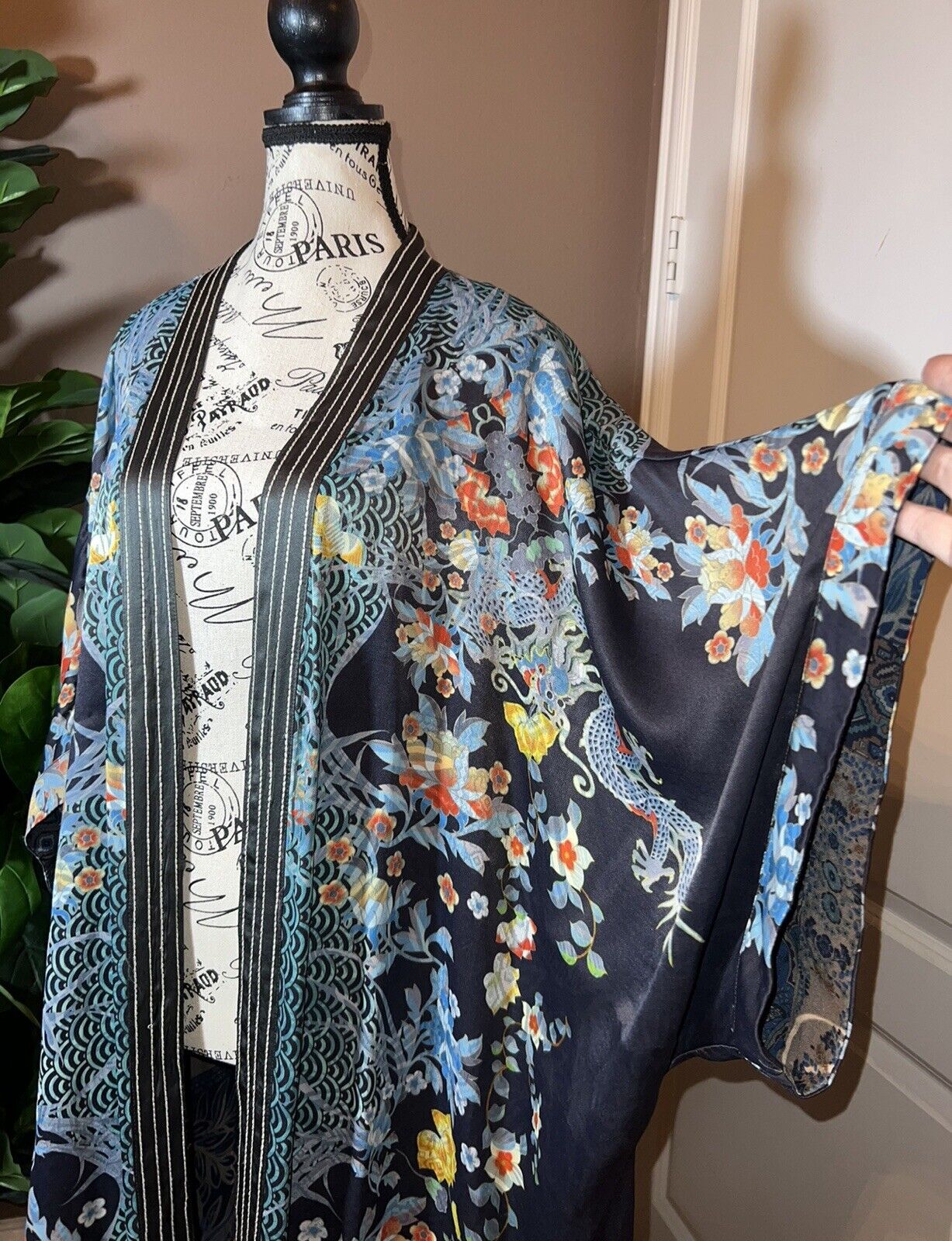 Johnny Was XXL Kimono Duster REVERSIBLE Wrap Cardigan Jacket Dragon Blues