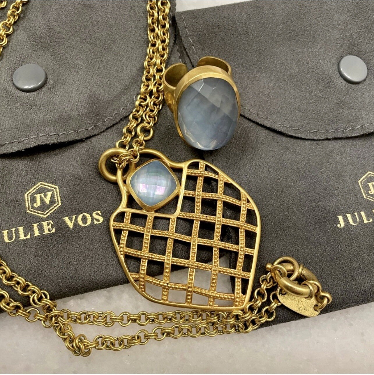 Julie Vos NECKLACE Basketweave 24k Gold Plated w/ Pendant Iridescent Blue Julie Vos