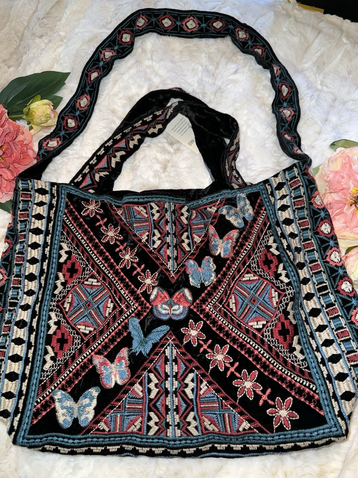 Johnny Was Large Black Velvet Hobo Bag Tote Purse Embroidered Crossbody Johnny Was