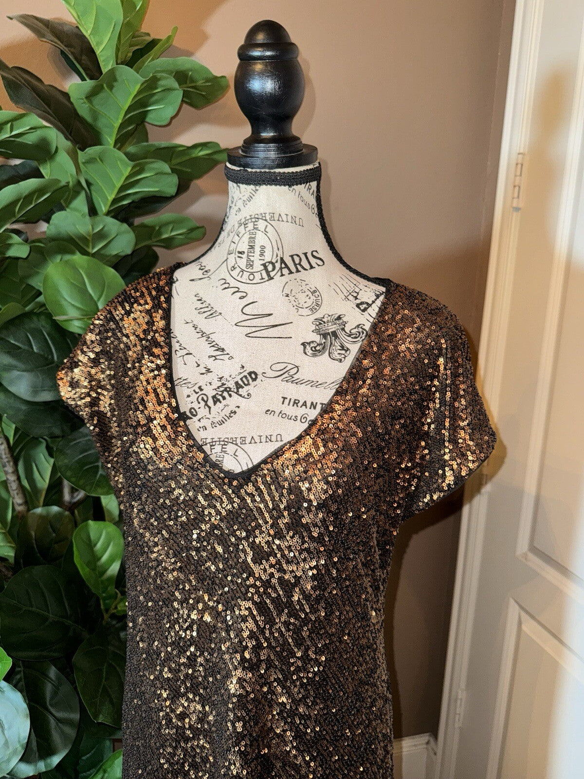 Johnny Was Gold XL Sequin Maxi Dress Long Flowy Mesh Slip Sequins Party Johnny Was