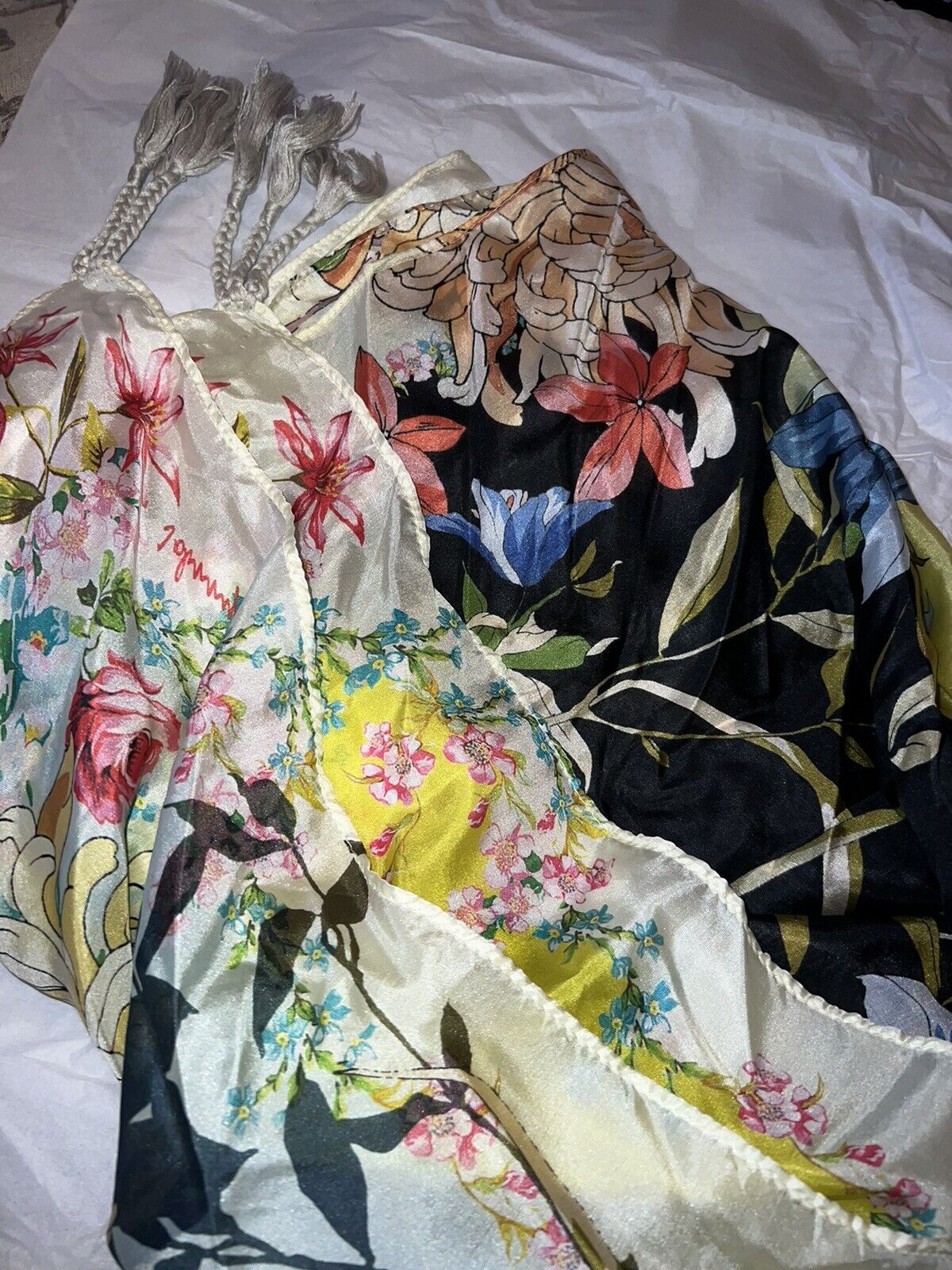 Johnny Was Floral 100% Silk Scarf Tassels Beautiful Condition 43” X 43”