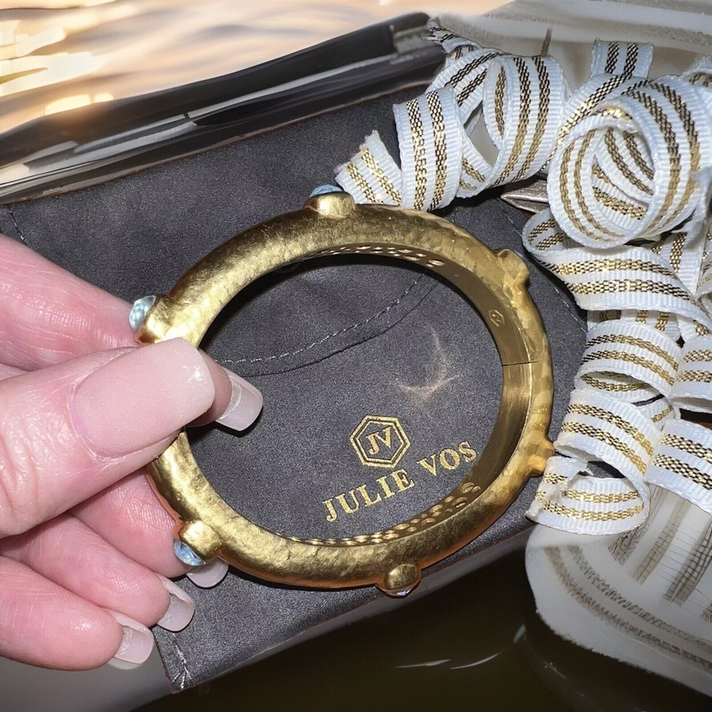 Julie Vos Hinged Bangle Bracelet W/ Light Blue Stones 24k Gold Plate Julie Vos