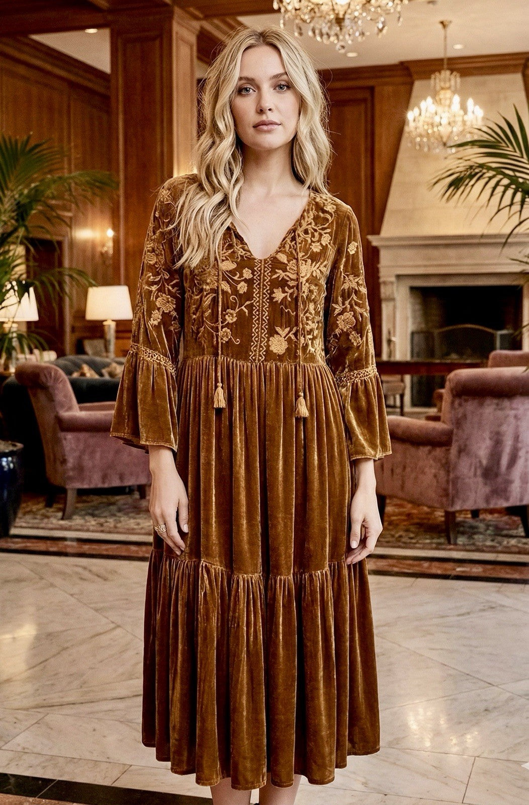 JOHNNY WAS L Large Golden Brown Velvet Midi Dress Tiered Embroidered Maxi Johnny Was