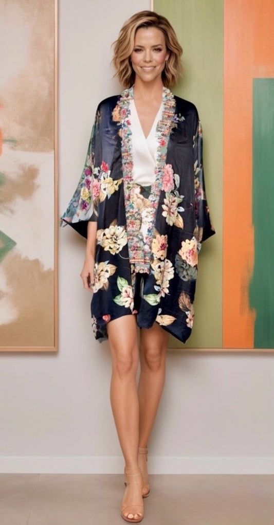 Johnny Was L 100% Silk Kimono Duster REVERSIBLE Embroidered Cardigan Wrap Johnny Was