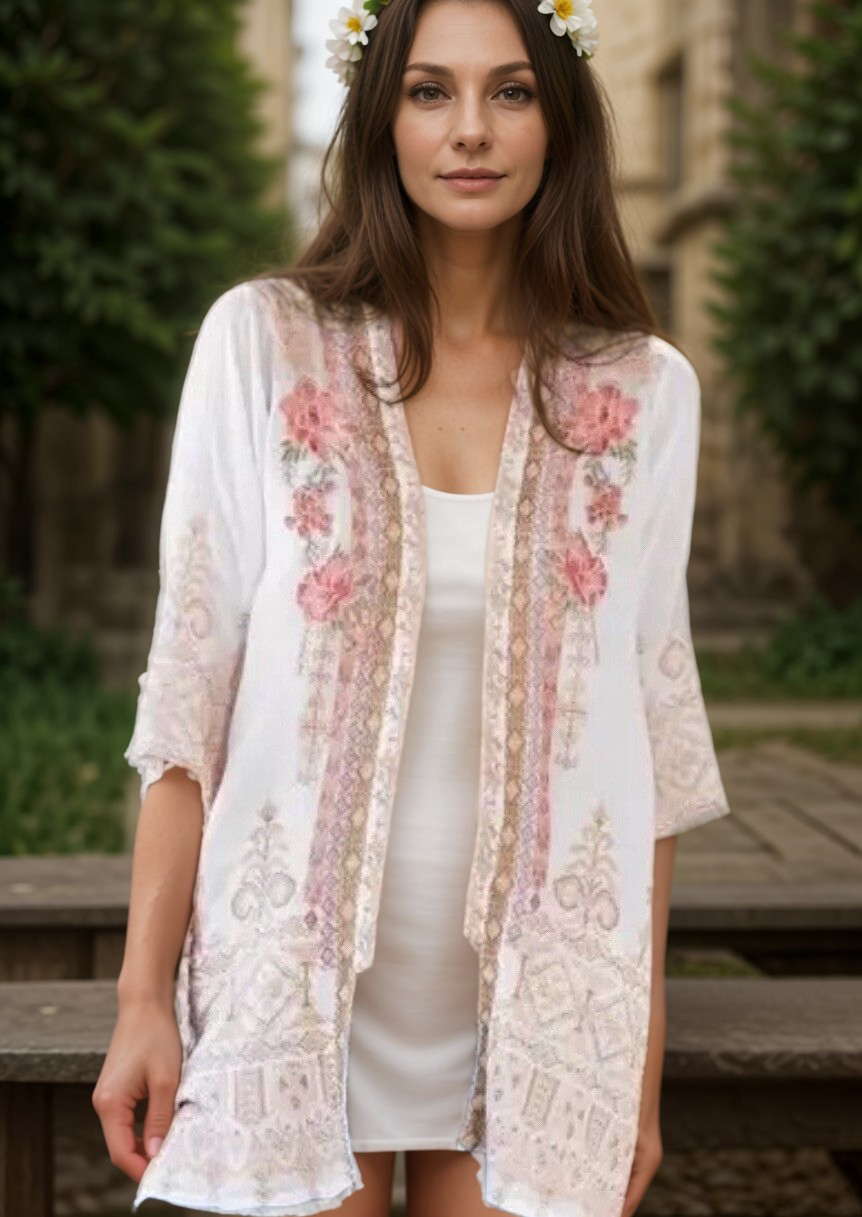 Johnny Was Large Silky White Kimono Heavily Embroidered Roses Pockets Floral