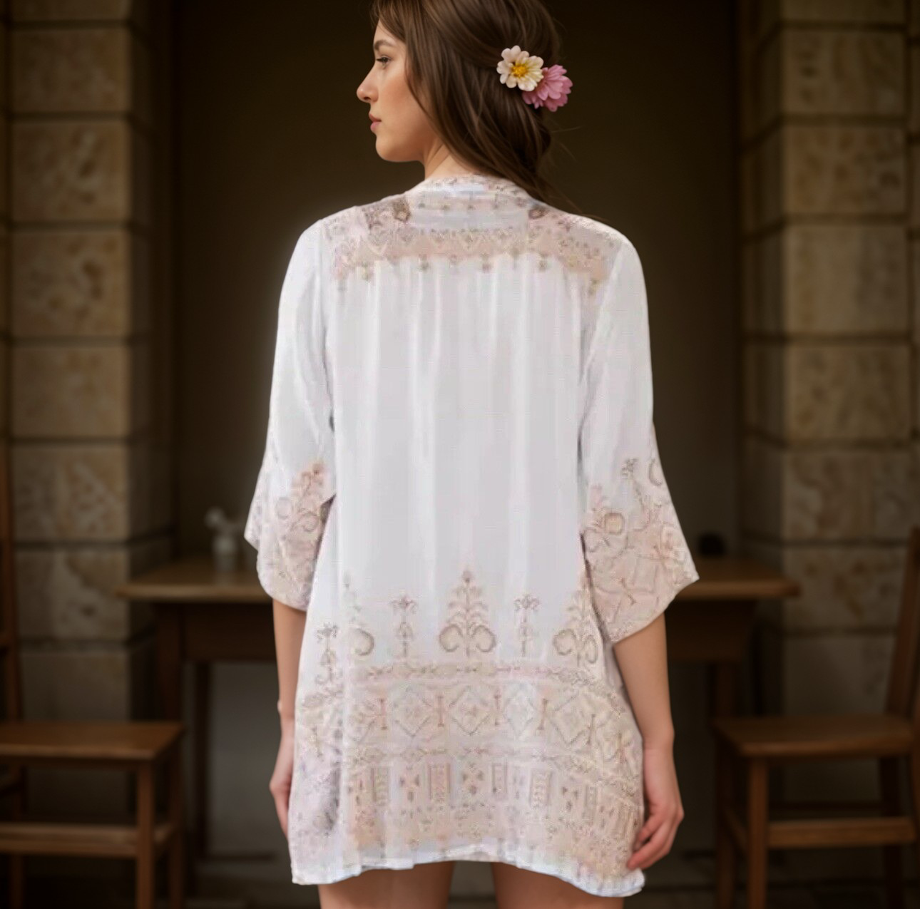 Johnny Was Large Silky White Kimono Heavily Embroidered Roses Pockets Floral