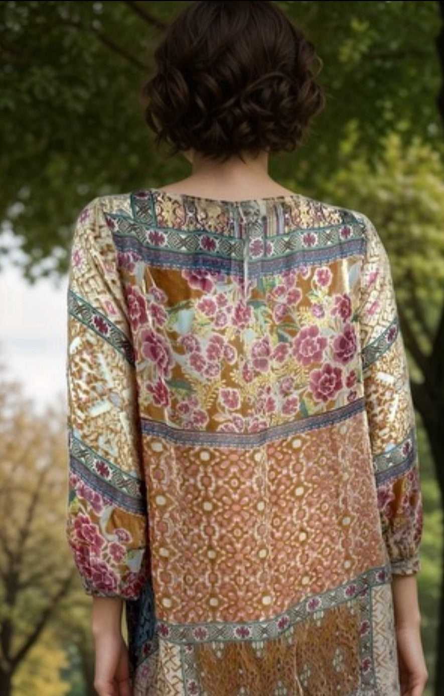 Johnny Was Burnout Silk & Velvet Patchwork Pattern Tunic Top Sz M Medium Johnny Was