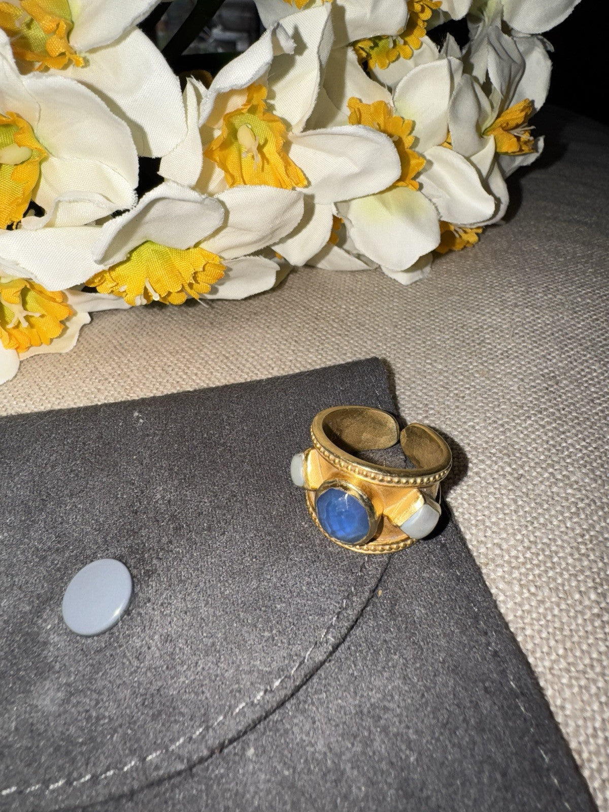 Julie Vos Blue & Pearl Statement Cuff  Ring Sz 7 ADJUSTABLE 24k Gold Plated Julie Vos