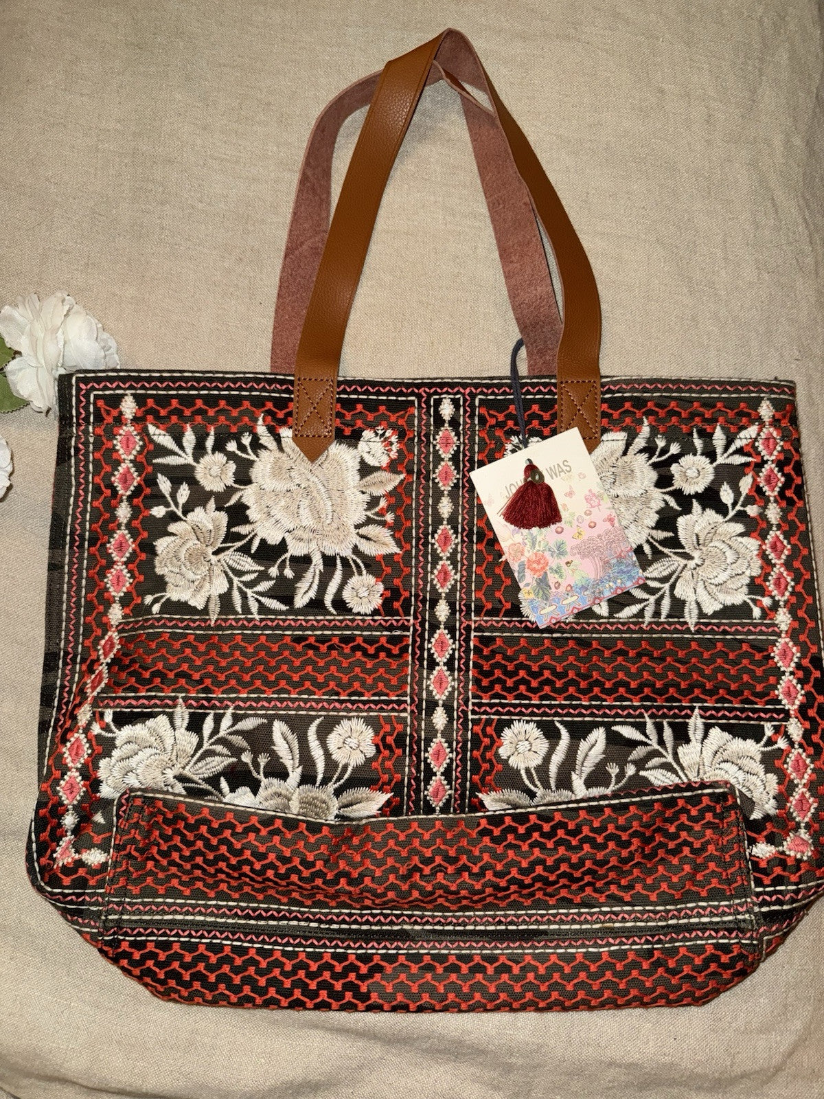 Johnny Was Canvas & Leather Tote Travel Bag Purse Camo & Flowers Embroidered Johnny Was