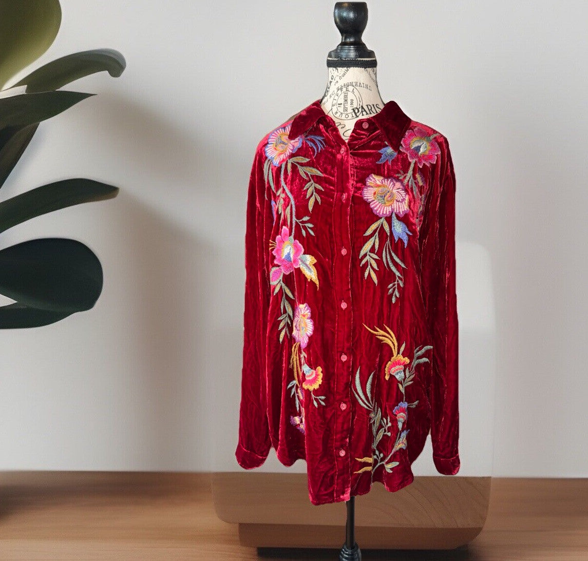 Johnny Was L Large Red Velvet Long Sleeve Button Up Shirt Blouse Embroidered Top Johnny Was