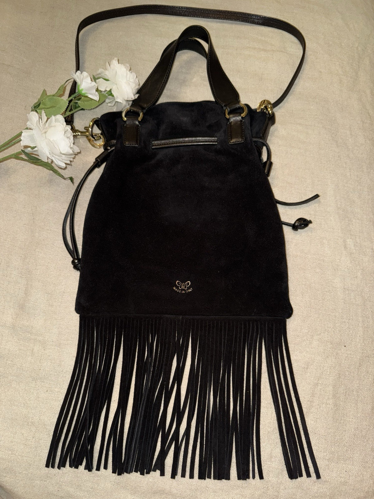 Johnny Was Black Suede Leather Crossbody Bag Purse Tote Hobo Tassels Johnny Was