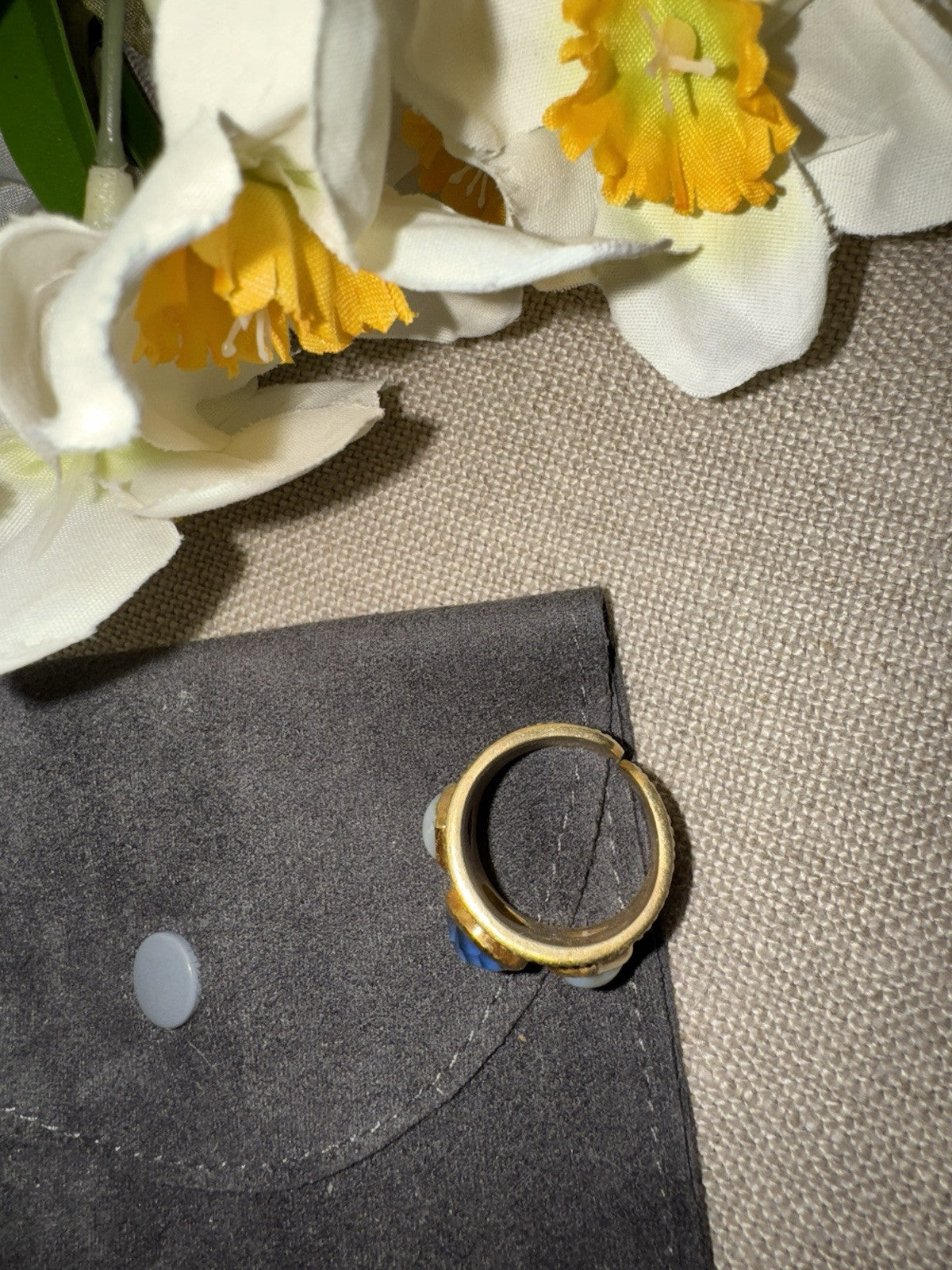 Julie Vos Blue & Pearl Statement Cuff  Ring Sz 7 ADJUSTABLE 24k Gold Plated Julie Vos