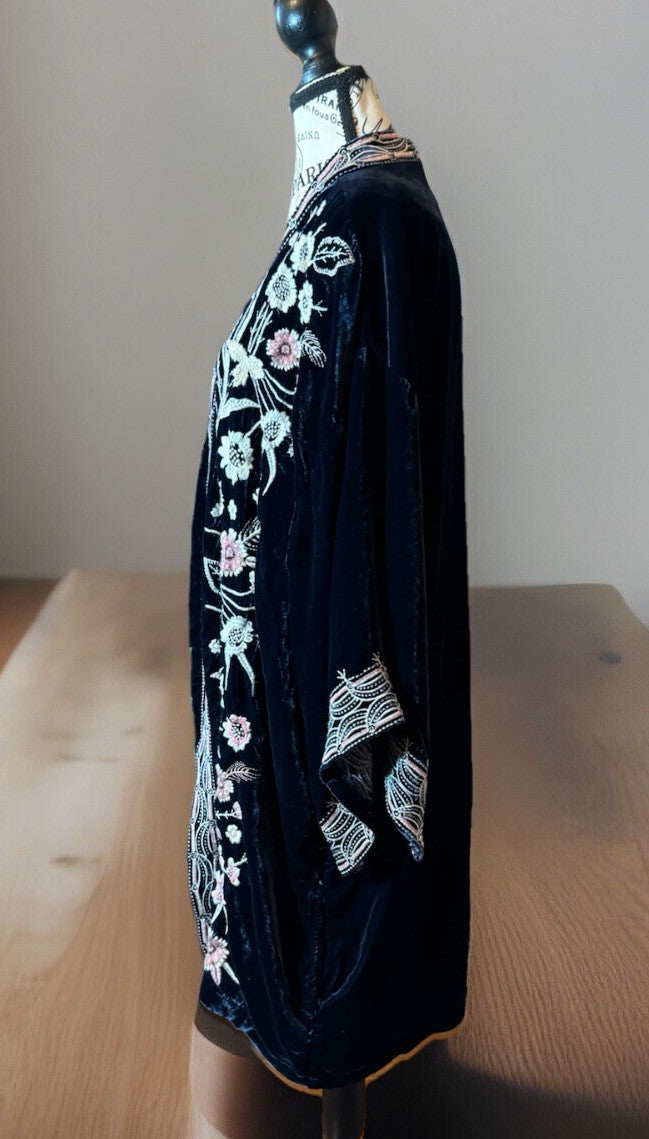 Johnny Was 2X / 3X Blue Velvet Kimono Wrap Jacket Duster BOHO Oversized 30”PTP Johnny Was