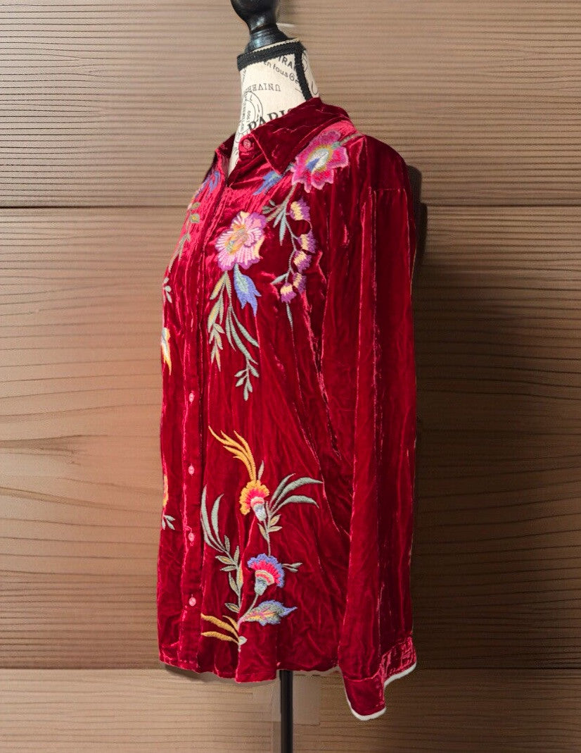 Johnny Was L Large Red Velvet Long Sleeve Button Up Shirt Blouse Embroidered Top Johnny Was