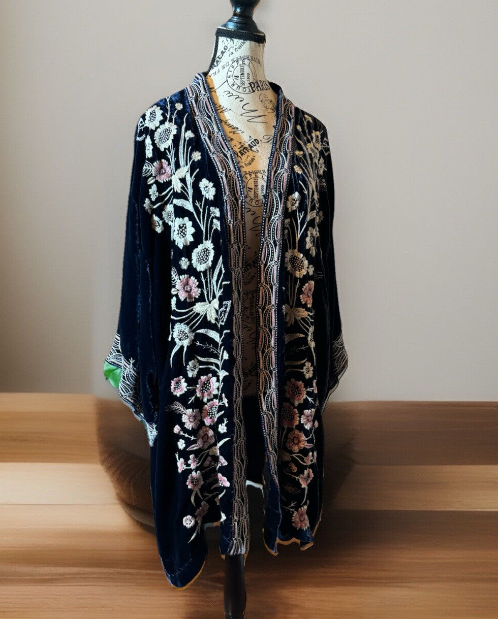 Johnny Was 2X / 3X Blue Velvet Kimono Wrap Jacket Duster BOHO Oversized 30”PTP Johnny Was