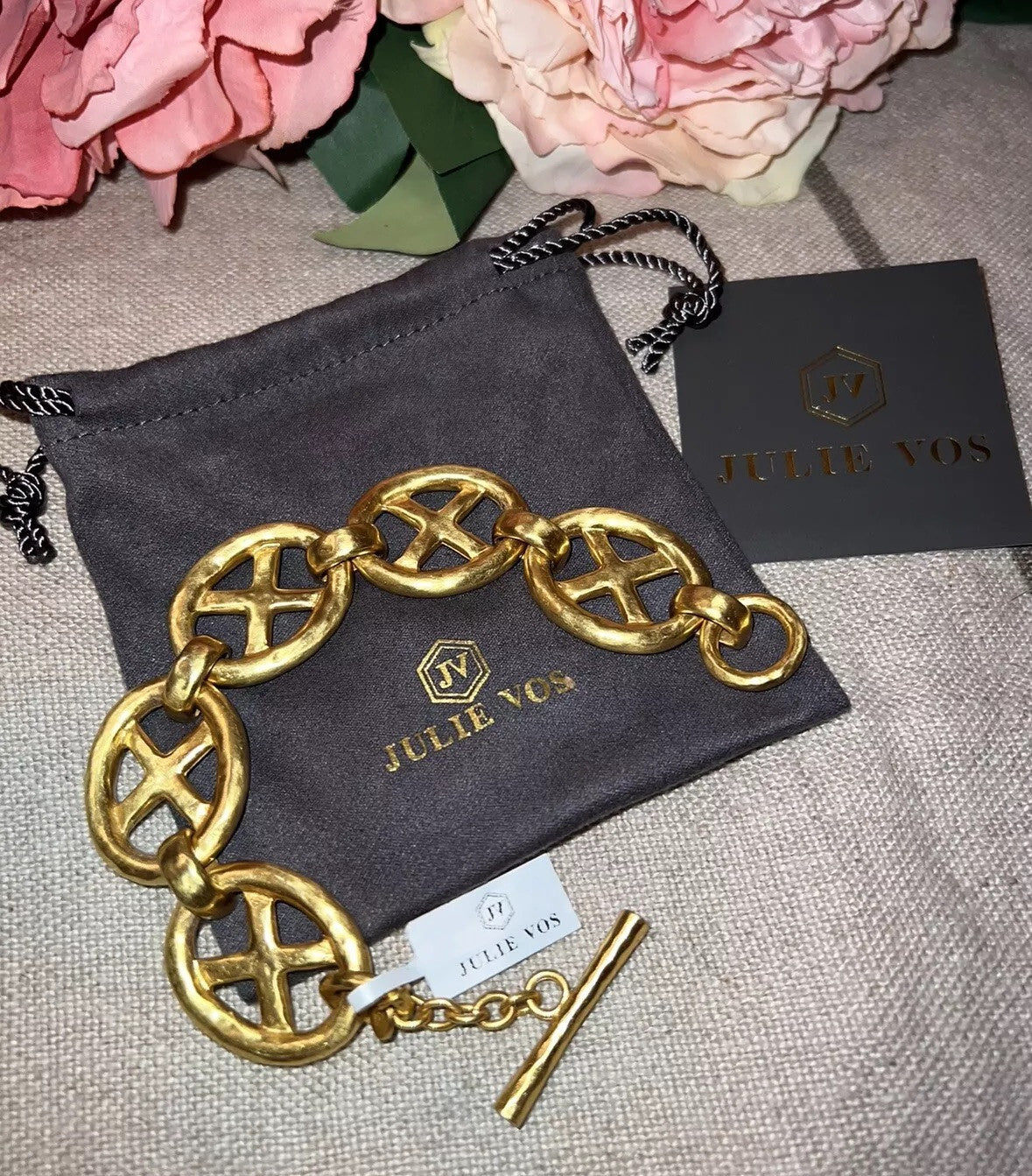 Julie Vos 24k Gold Plated XO Toggle Link Bracelet ADJUSTABLE STUNNING Julie Vos