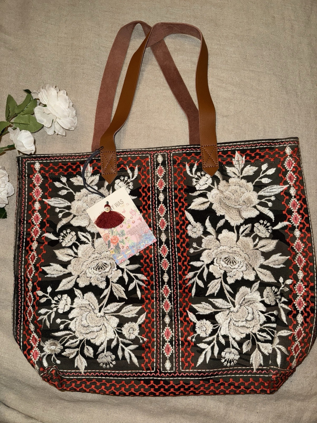 Johnny Was Canvas & Leather Tote Travel Bag Purse Camo & Flowers Embroidered Johnny Was
