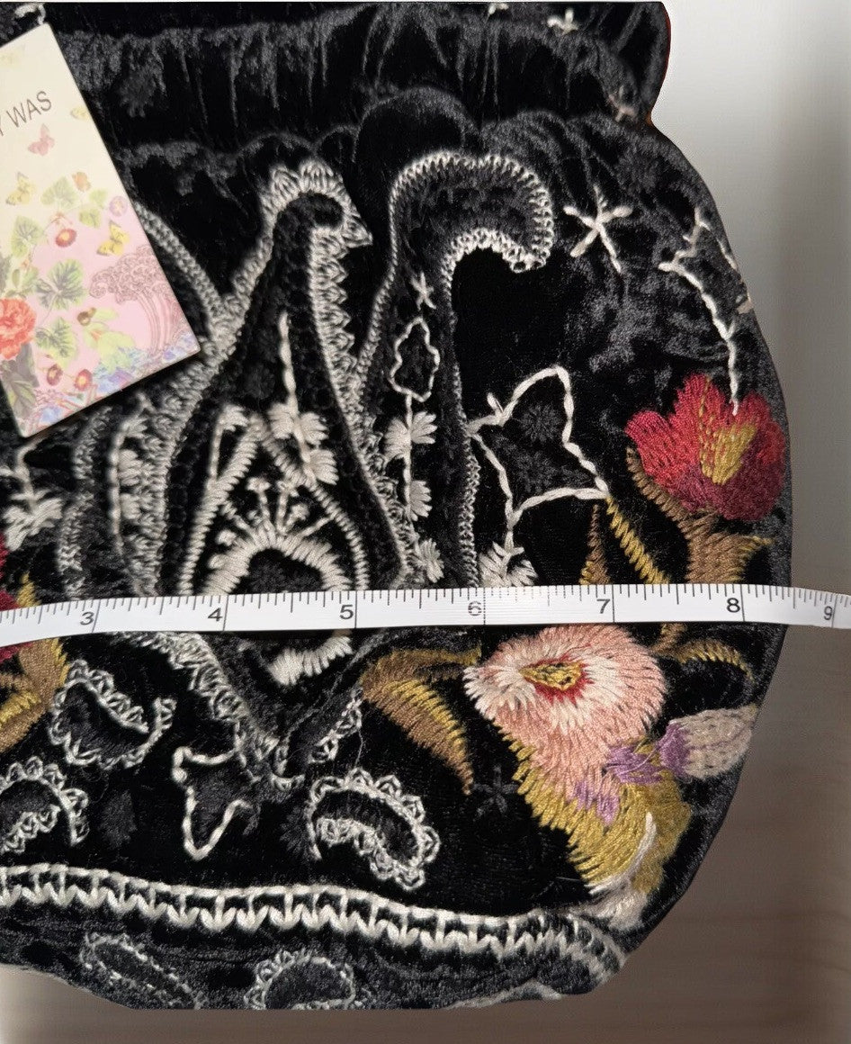 Johnny Was Black Velvet Embroidered Hobo Bag Tote Purse Pink Roses & Paisley Johnny Was