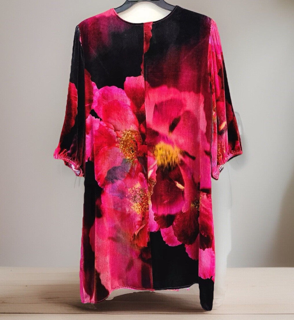 Johnny Was XL Velvet Shift Mini Dress Red Black  & Pink BOHO Floral Bloom Johnny Was