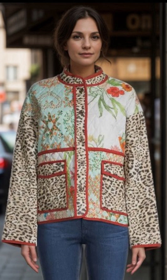 Johnny Was 1X Quilted Jacket Field Coat Lightweight Button Up Patchwork Leopard Johnny Was