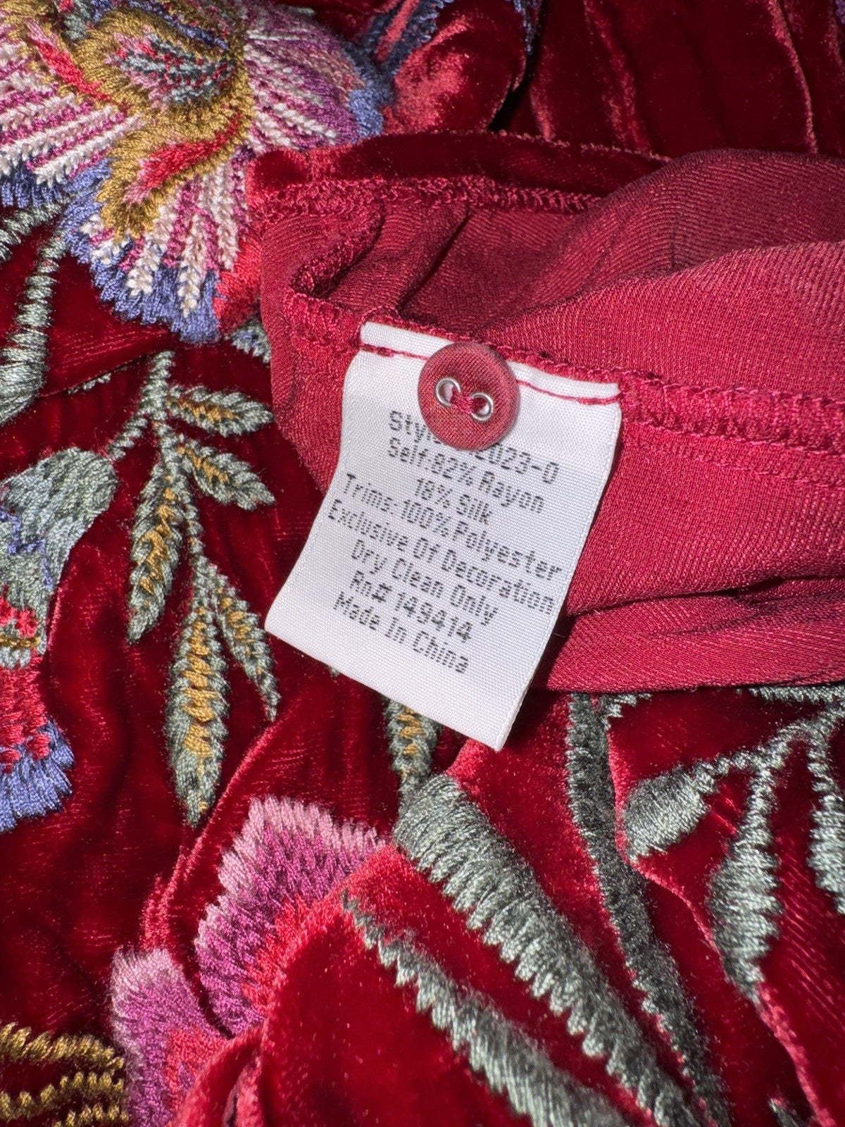 Johnny Was L Large Red Velvet Long Sleeve Button Up Shirt Blouse Embroidered Top Johnny Was