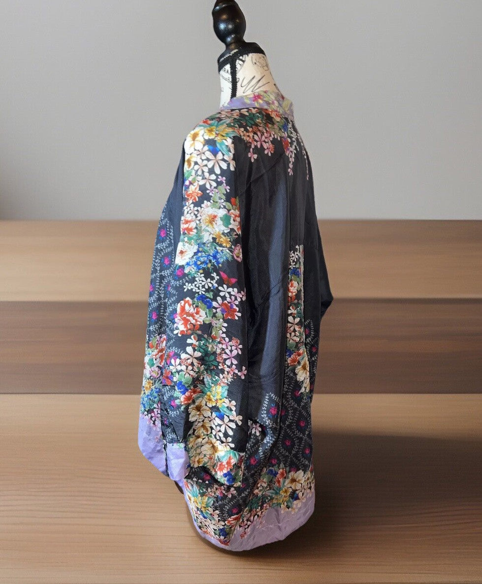 Johnny Was L 100% Silk Kimono Cool Cardigan Lightweight Jacket Lavender & Black Johnny Was