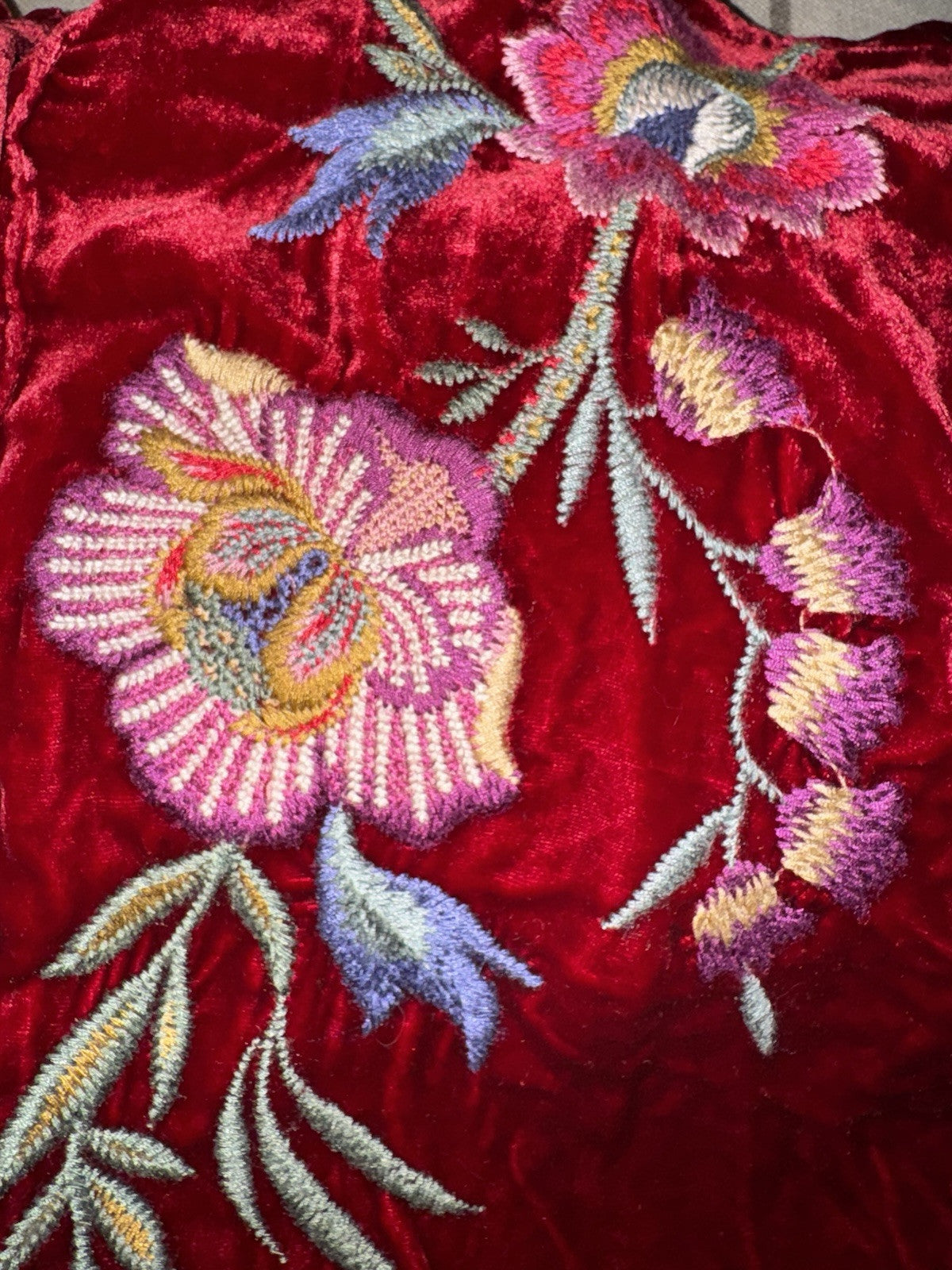 Johnny Was L Large Red Velvet Long Sleeve Button Up Shirt Blouse Embroidered Top Johnny Was