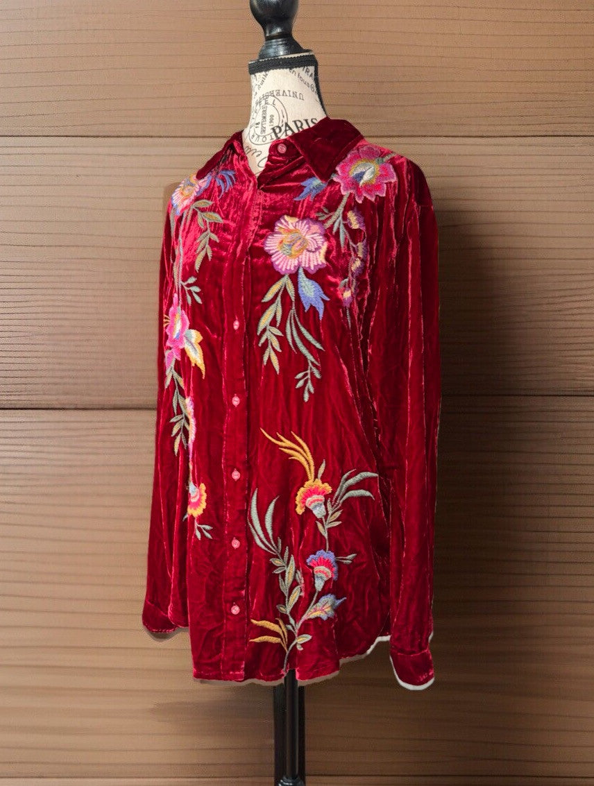 Johnny Was L Large Red Velvet Long Sleeve Button Up Shirt Blouse Embroidered Top Johnny Was