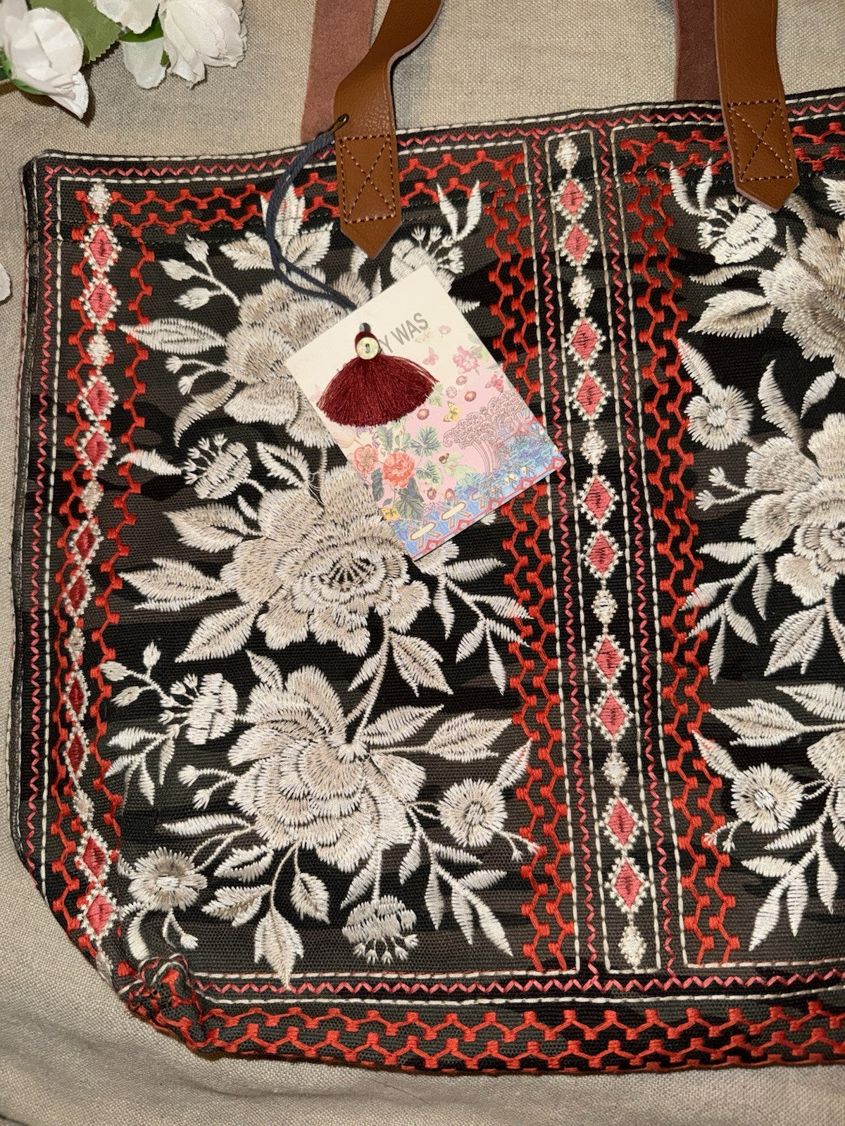 Johnny Was Canvas & Leather Tote Travel Bag Purse Camo & Flowers Embroidered Johnny Was