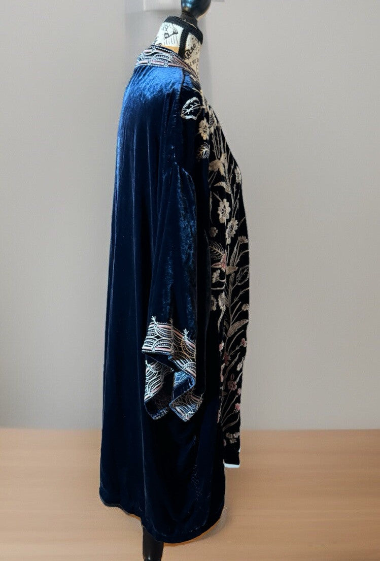 Johnny Was 2X / 3X Blue Velvet Kimono Wrap Jacket Duster BOHO Oversized 30”PTP Johnny Was