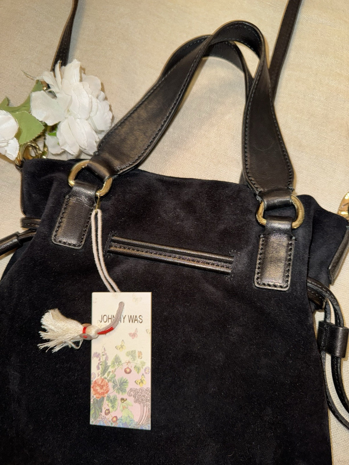 Johnny Was Black Suede Leather Crossbody Bag Purse Tote Hobo Tassels Johnny Was